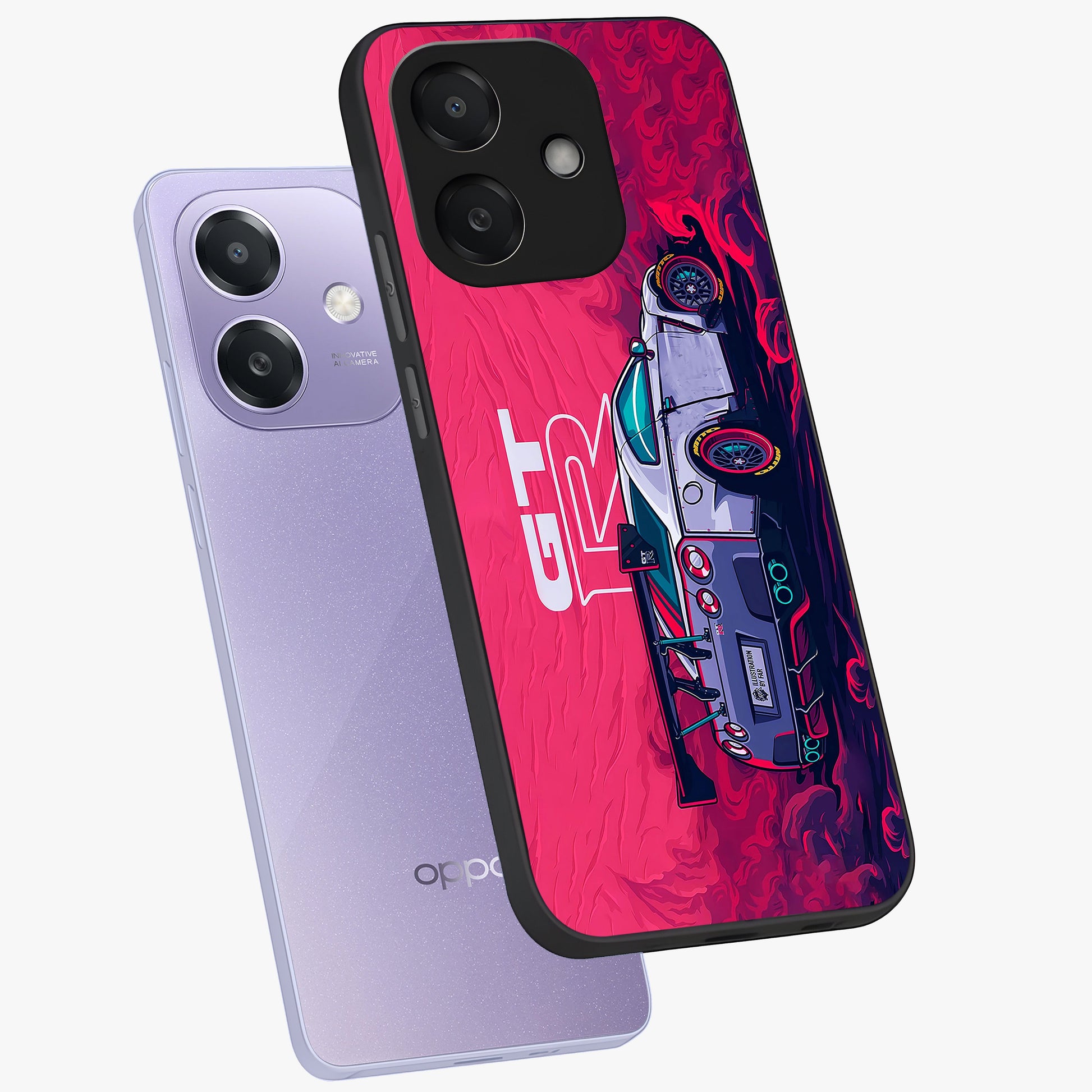 GT-R Car Pattern Glass Case displayed in angled mockup highlighting racing car graphic design with bold automotive aesthetic.