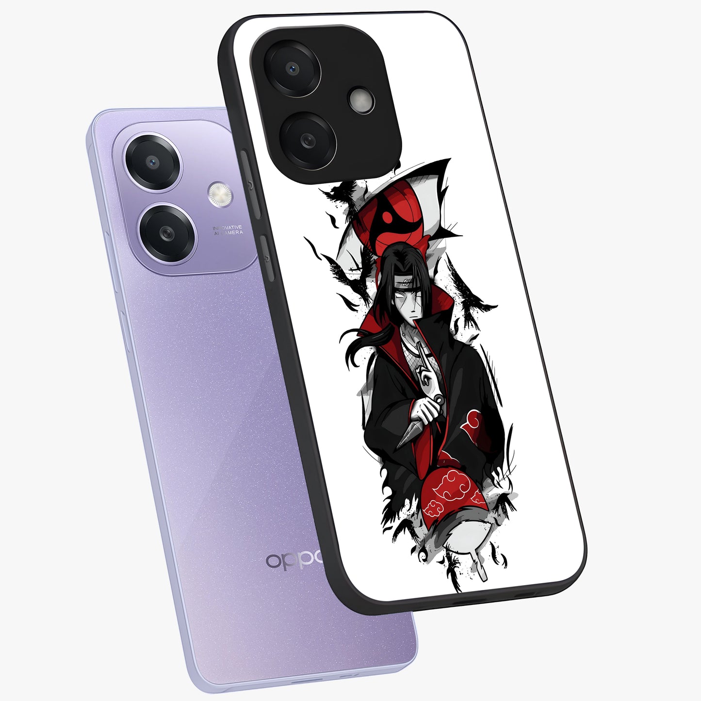 Itachi Limited Edition Naruto Anime Glass Case displayed in angled mockup highlighting dramatic anime illustration with bold action aesthetic.