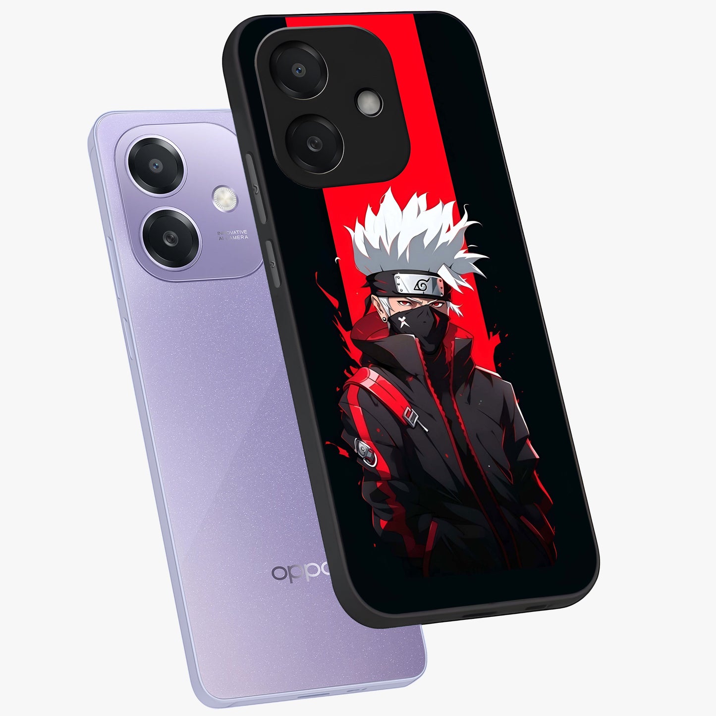 Kakashi Scarlet Shadow Glass Case displayed in angled mockup highlighting dramatic ninja illustration with scarlet themed aesthetic.