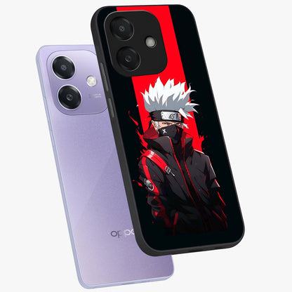 Kakashi Scarlet Shadow Glass Case displayed in angled mockup highlighting dramatic ninja illustration with scarlet themed aesthetic.