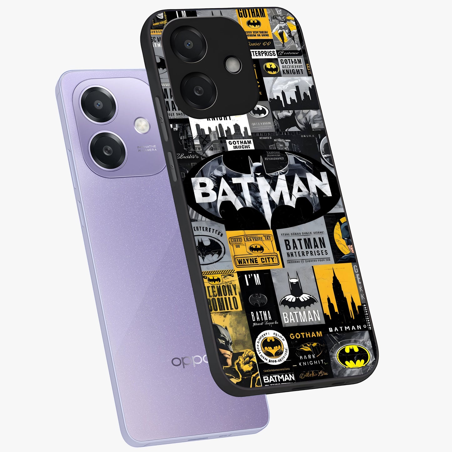 Knight Gotham Rise Glass Case displayed in angled mockup highlighting powerful knight silhouette design with dramatic aesthetic.