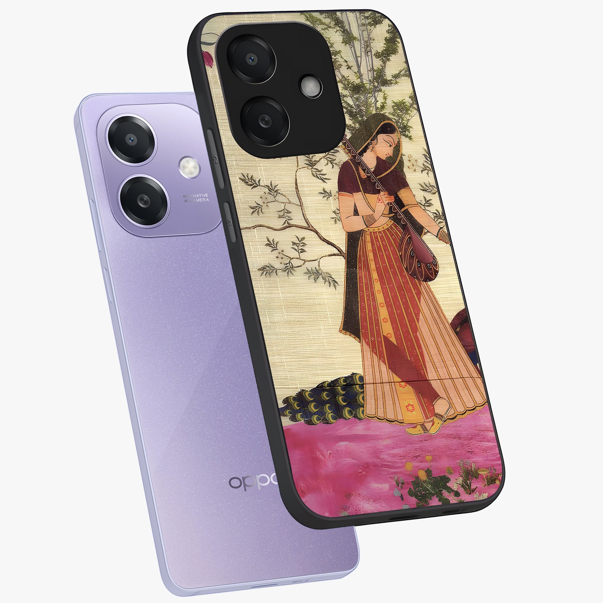 Lady With Veena Art Glass Case displayed in angled mockup highlighting graceful musical illustration with cultural artistic aesthetic.
