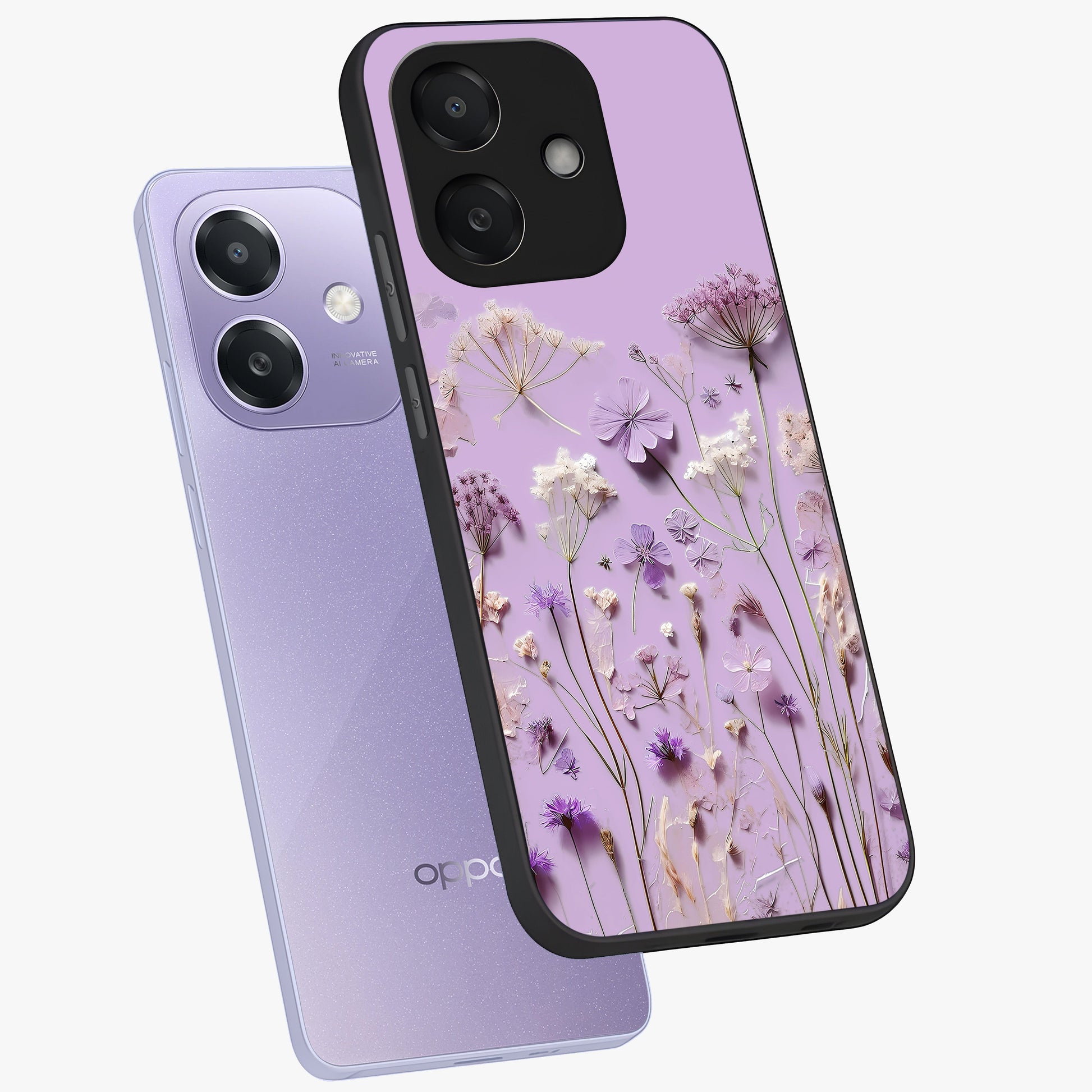 Lavender Blossom Dream Glass Case displayed in angled mockup highlighting dreamy lavender flower design with calming aesthetic style.