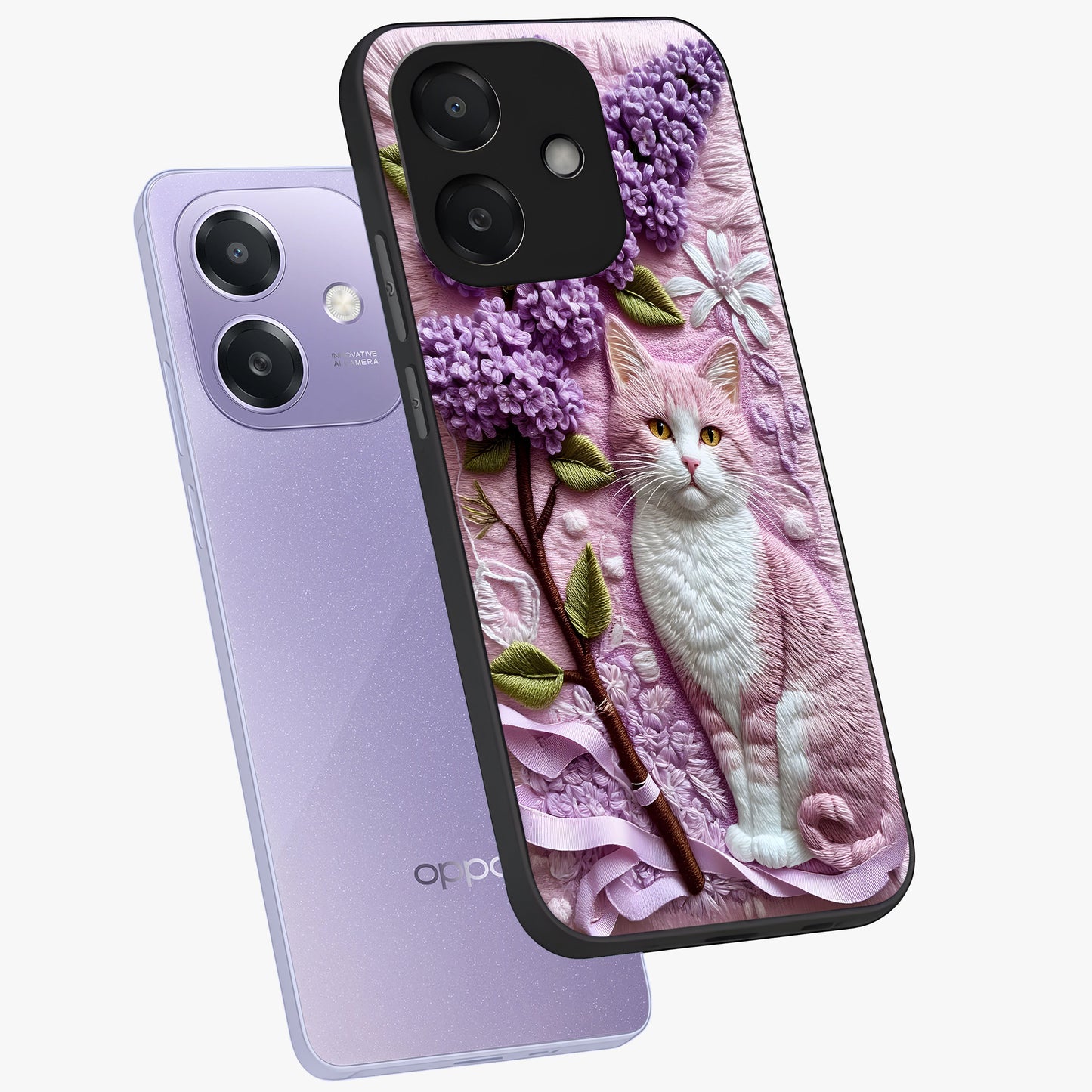 Lavender Cat Whimsy Glass Case displayed in angled mockup highlighting playful feline illustration with pastel lavender aesthetic.