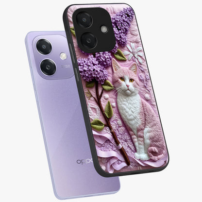 Lavender Cat Whimsy Glass Case displayed in angled mockup highlighting playful feline illustration with pastel lavender aesthetic.