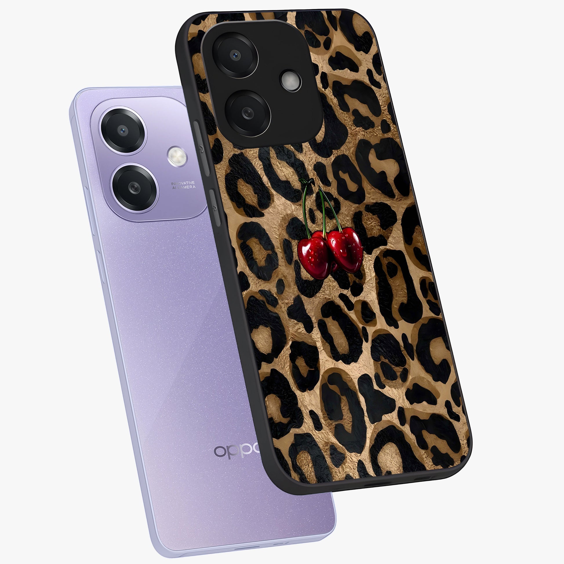 Leopard Wild Cherry Glass Case displayed in angled mockup highlighting bold animal print design with playful cherry aesthetic.