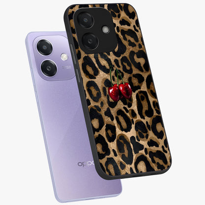 Leopard Wild Cherry Glass Case displayed in angled mockup highlighting bold animal print design with playful cherry aesthetic.