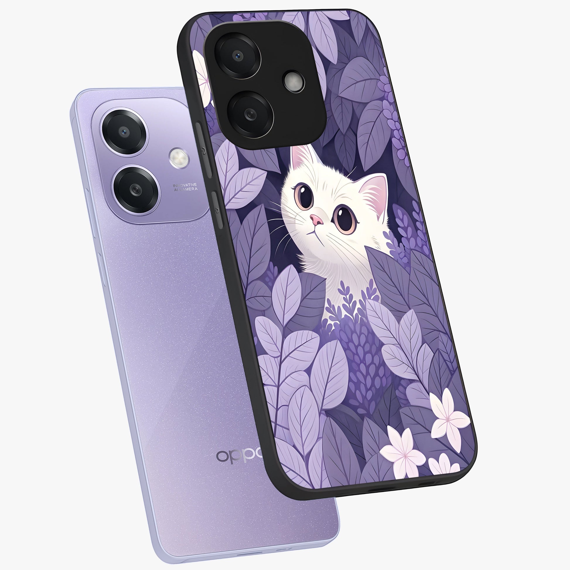Lilac Hide Peek Cat Glass Case displayed in angled mockup highlighting playful feline illustration with lilac aesthetic design.