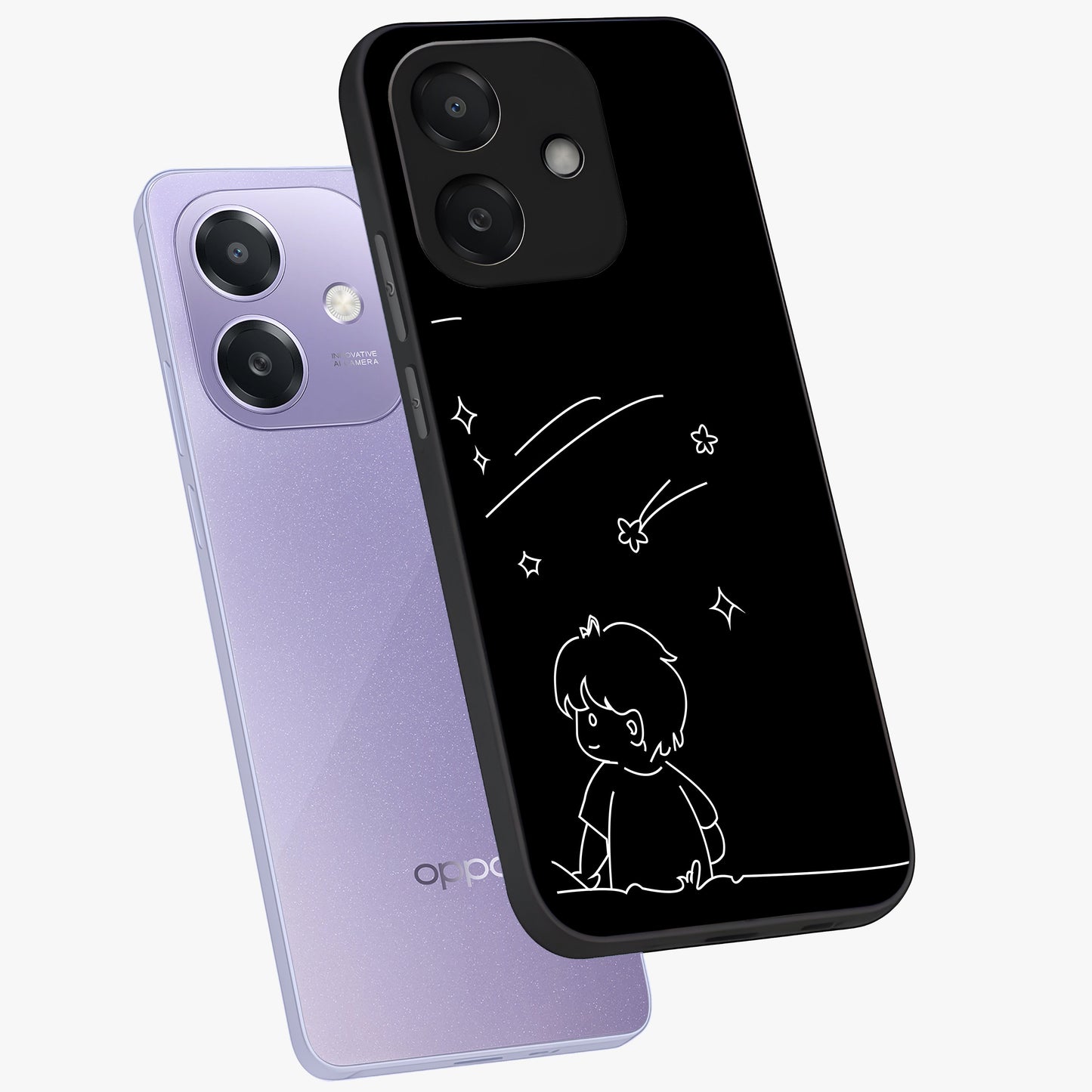 Line Art Boy With Shooting Stars Glass Case displayed in angled mockup highlighting elegant line art design with dreamy star aesthetic.