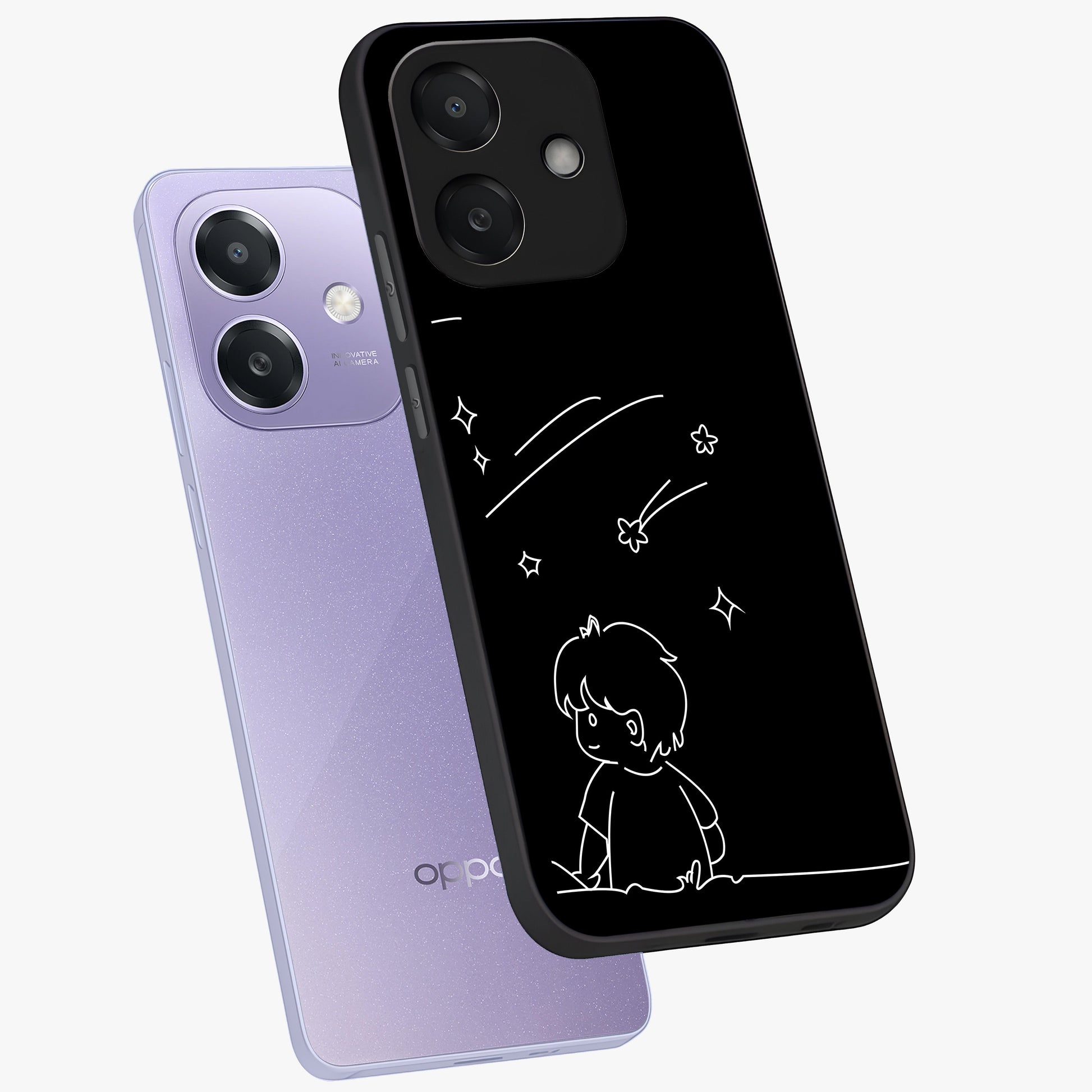 Line Art Boy With Shooting Stars Glass Case displayed in angled mockup highlighting elegant line art design with dreamy star aesthetic.