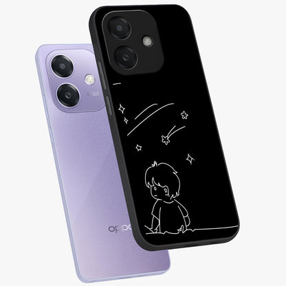 Line Art Boy With Shooting Stars Glass Case displayed in angled mockup highlighting elegant line art design with dreamy star aesthetic.