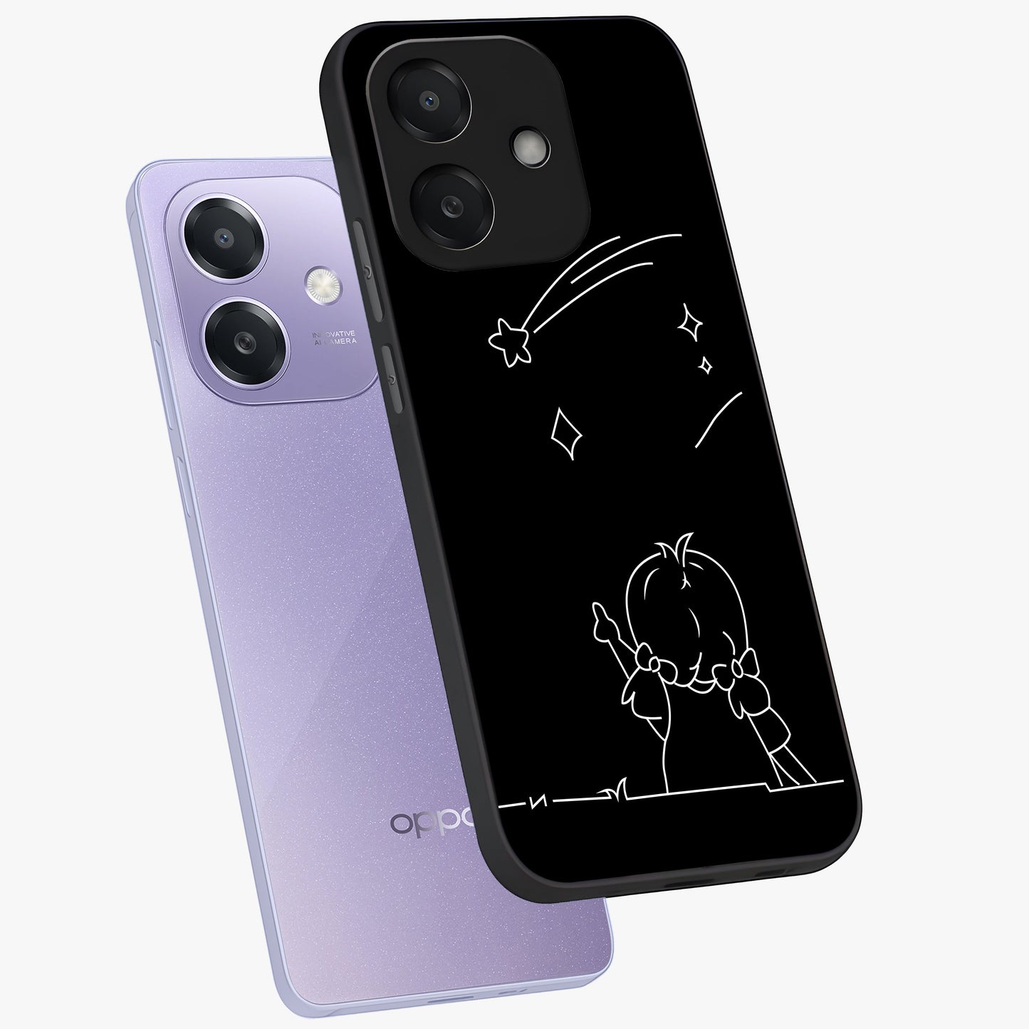 Line Art Girl With Shooting Stars Glass Case displayed in angled mockup highlighting elegant line art design with dreamy star aesthetic.