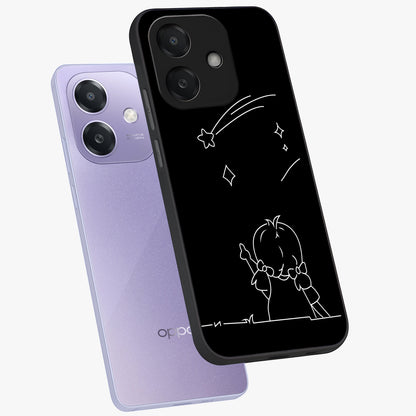 Line Art Girl With Shooting Stars Glass Case displayed in angled mockup highlighting elegant line art design with dreamy star aesthetic.