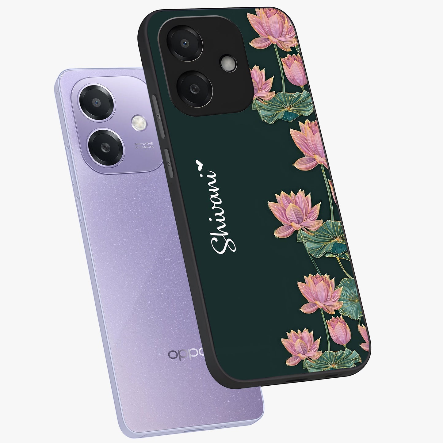 Lotus Bloom Serenity Custom Name Glass Case displayed in angled mockup highlighting graceful lotus illustration with custom name feature.