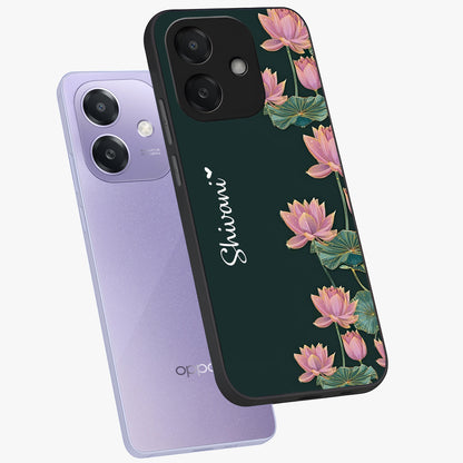 Lotus Bloom Serenity Custom Name Glass Case displayed in angled mockup highlighting graceful lotus illustration with custom name feature.