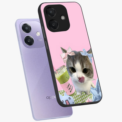 Love Matcha Cat Glass Case displayed in angled mockup highlighting playful feline illustration with cozy matcha aesthetic.