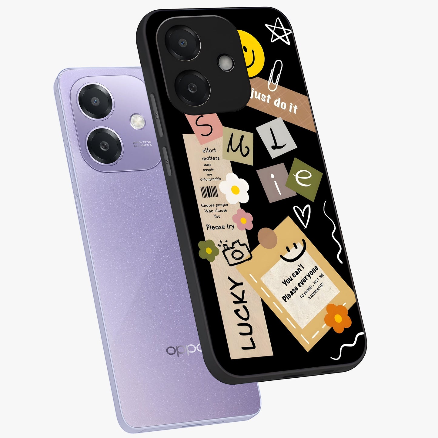 Lucky Aesthetic Collage Glass Case displayed in angled mockup highlighting stylish collage pattern with modern aesthetic vibe.