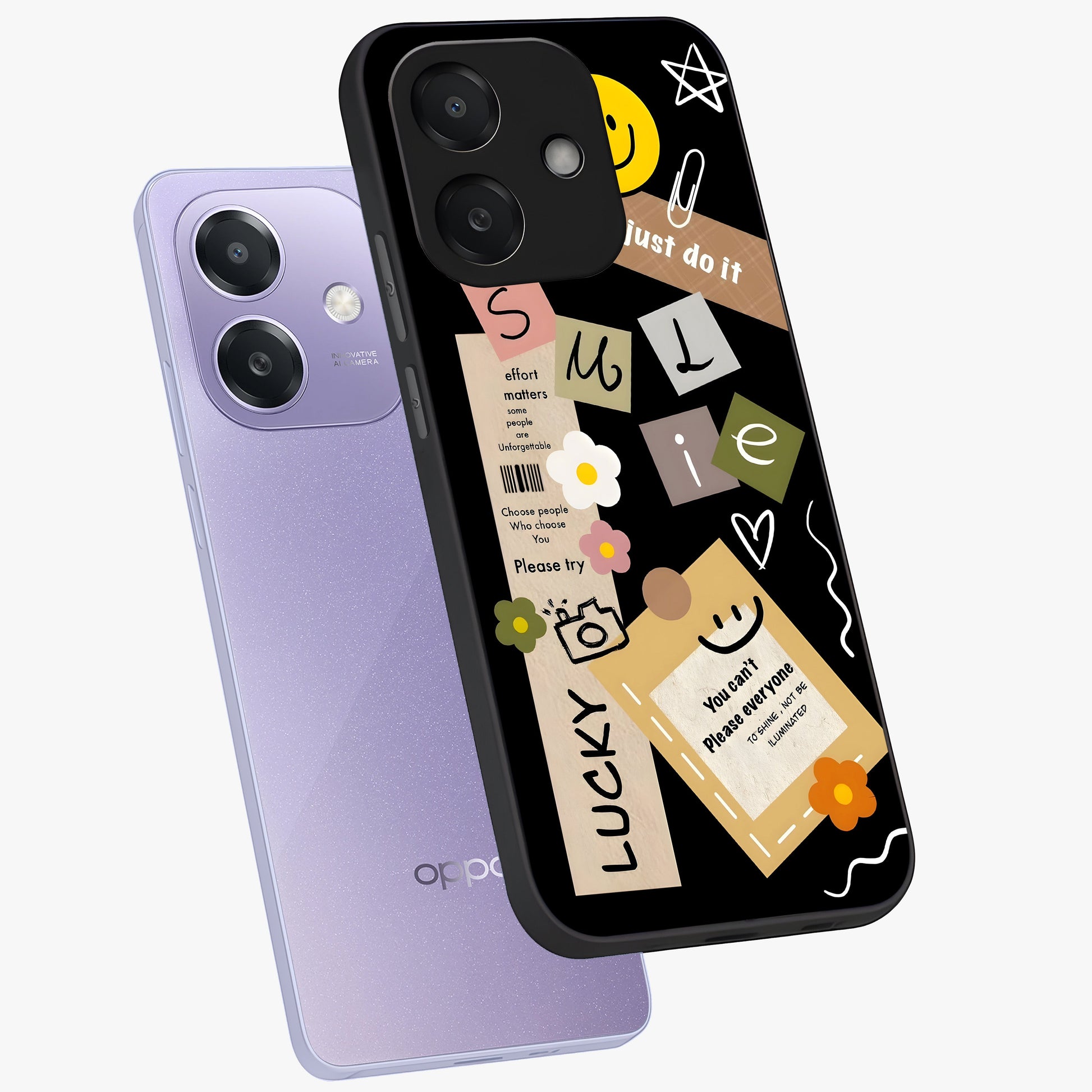 Lucky Aesthetic Collage Glass Case displayed in angled mockup highlighting stylish collage pattern with modern aesthetic vibe.