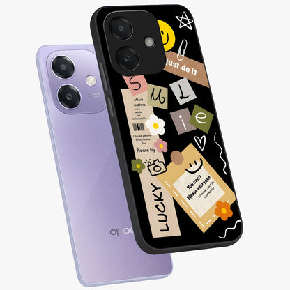 Lucky Aesthetic Collage Glass Case displayed in angled mockup highlighting stylish collage pattern with modern aesthetic vibe.