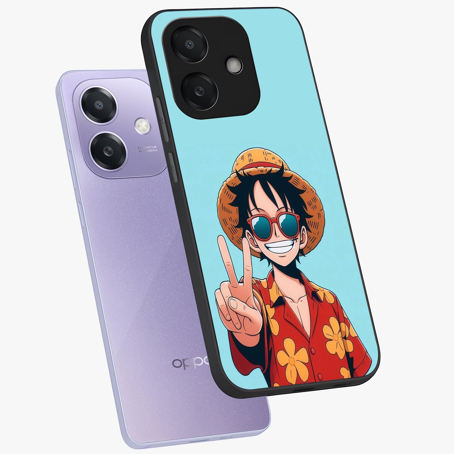 Luffy Summer Anime Vibe Glass Case displayed in angled mockup highlighting energetic anime illustration with summer vibe aesthetic.