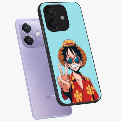 Luffy Summer Anime Vibe Glass Case displayed in angled mockup highlighting energetic anime illustration with summer vibe aesthetic.