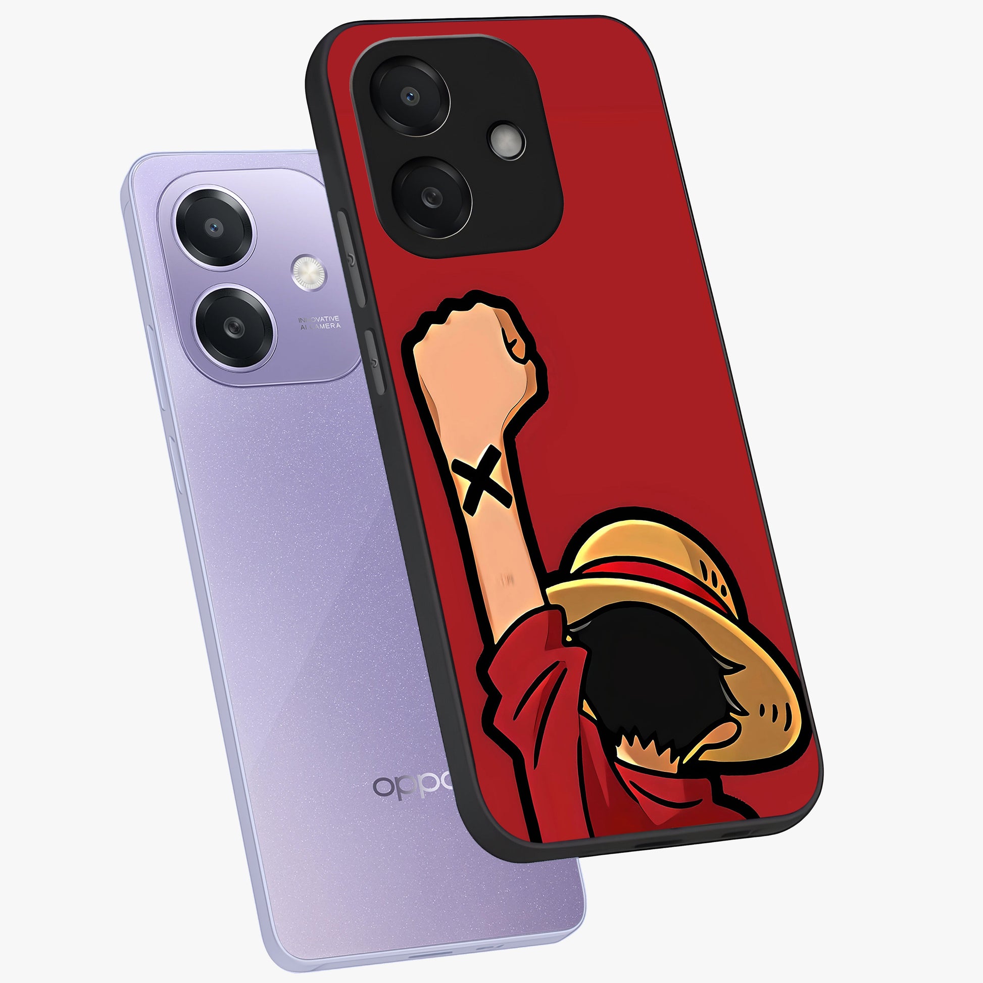 Luffy X Spirit Glass Case displayed in angled mockup highlighting powerful anime design with energetic action aesthetic.