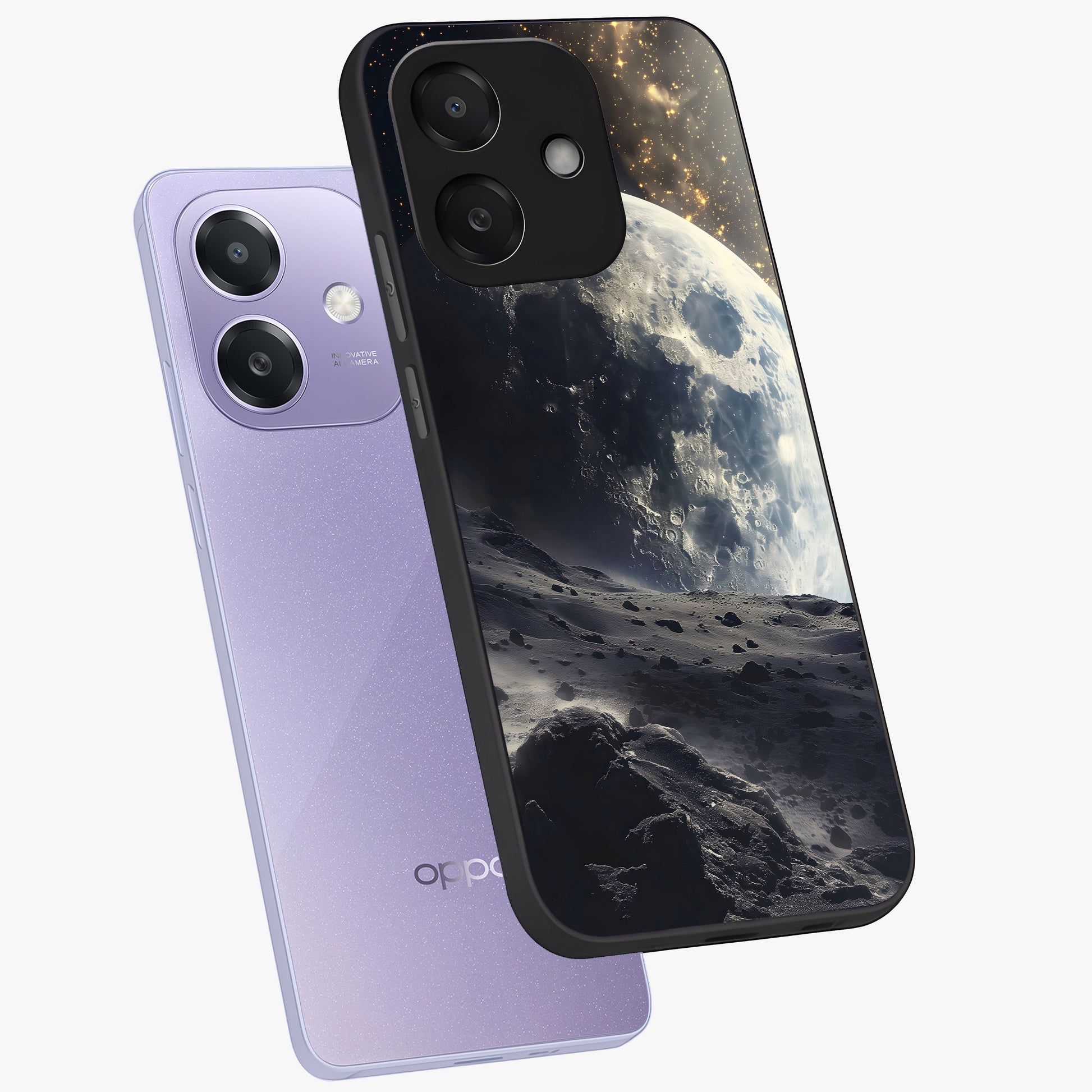 Lunar Horizon Glow Glass Case displayed in angled mockup highlighting celestial moon design with dreamy night aesthetic.