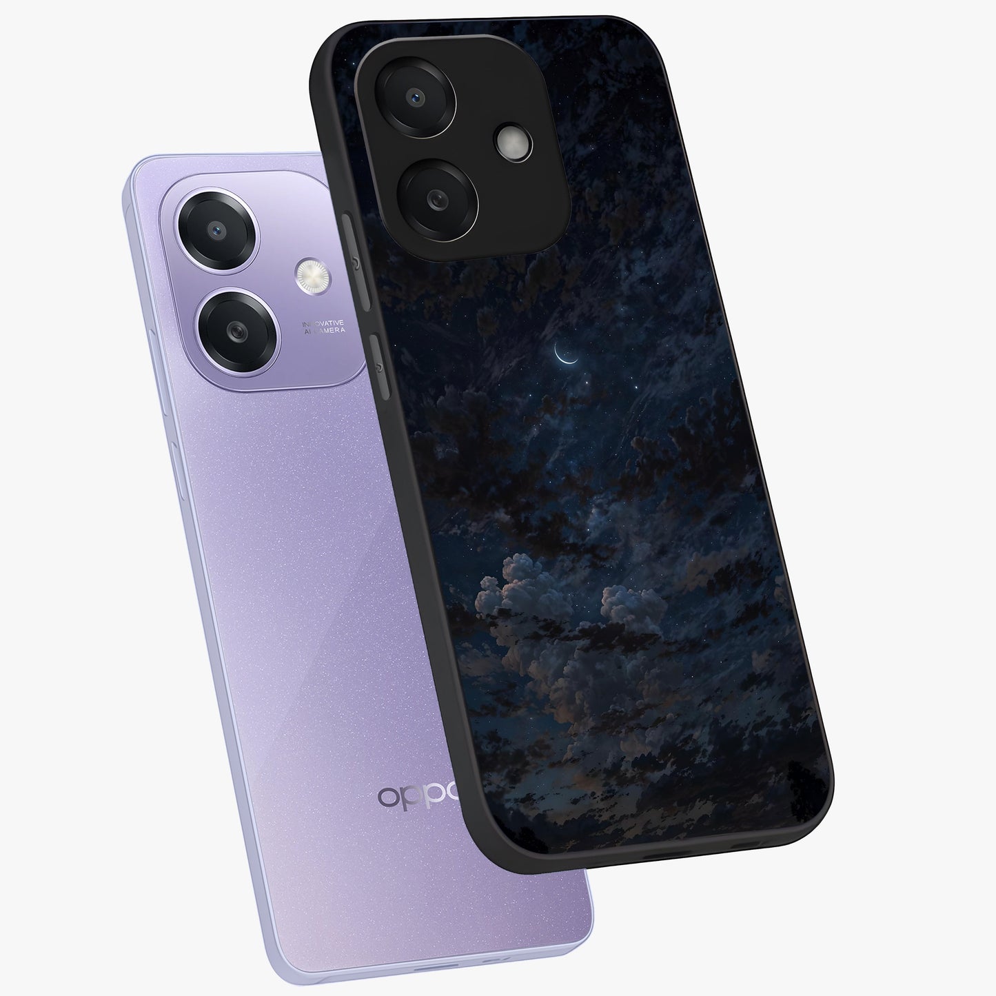Lunar Veil Silence Glass Case displayed in angled mockup highlighting soft lunar design with peaceful celestial aesthetic.