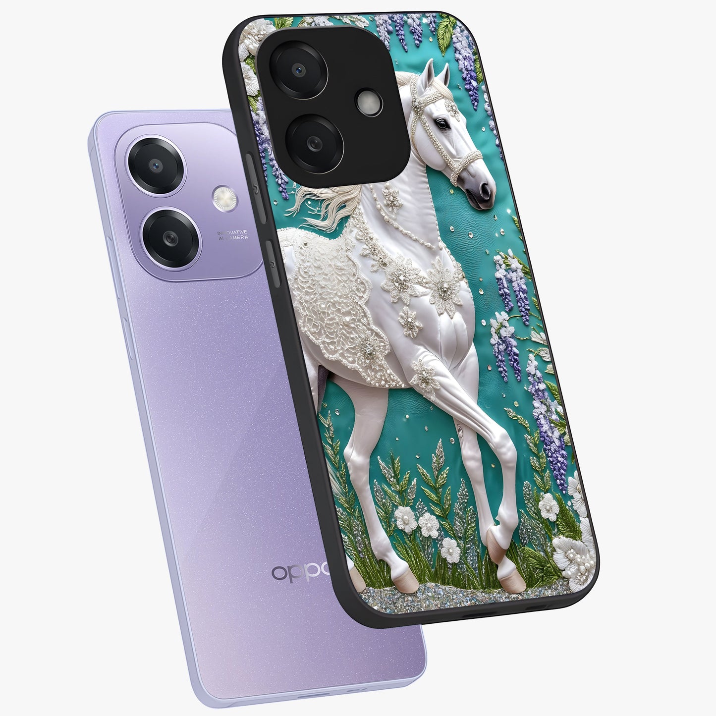 Majestic Floral Stallion Glass Case displayed in angled mockup highlighting majestic stallion illustration with elegant floral aesthetic.