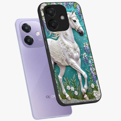 Majestic Floral Stallion Glass Case displayed in angled mockup highlighting majestic stallion illustration with elegant floral aesthetic.