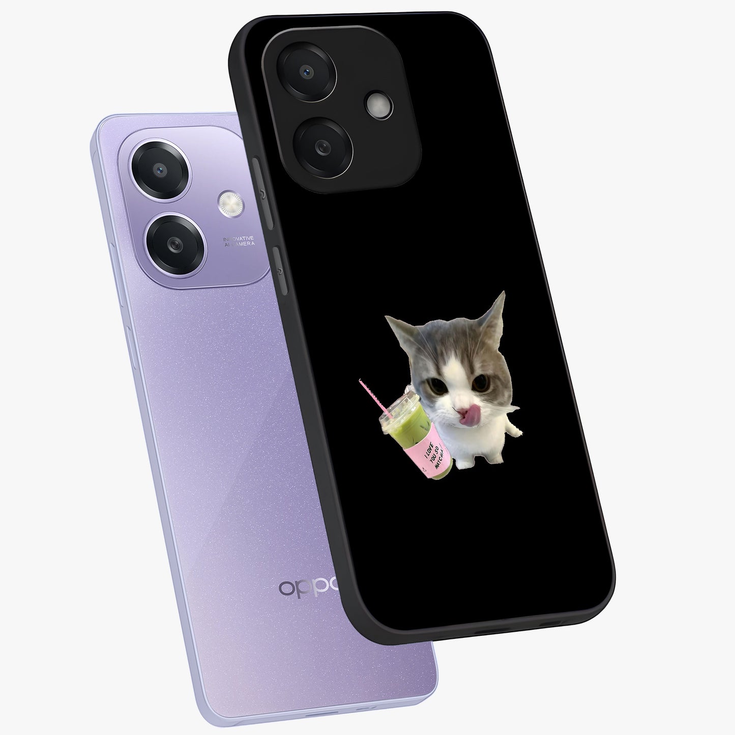 Matcha Cat Style Glass Case displayed in angled mockup highlighting playful feline design with pastel matcha aesthetic.