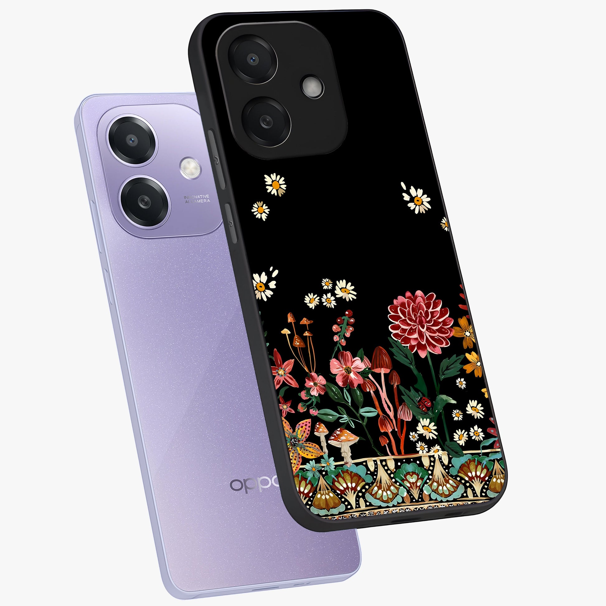 Midnight Bloom Pattern Glass Case displayed in angled mockup highlighting elegant flower design with midnight aesthetic style.