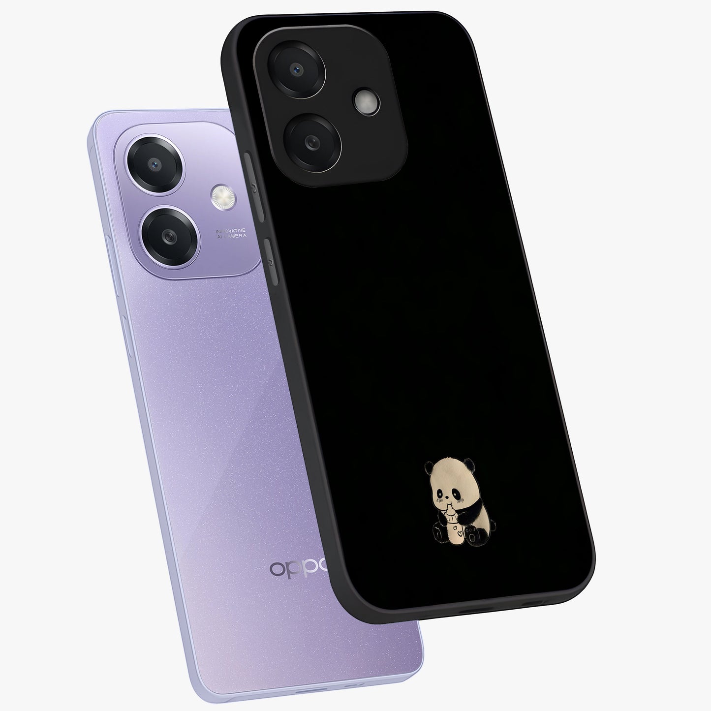 Midnight Panda Love Glass Case displayed in angled mockup highlighting adorable panda illustration with midnight aesthetic.