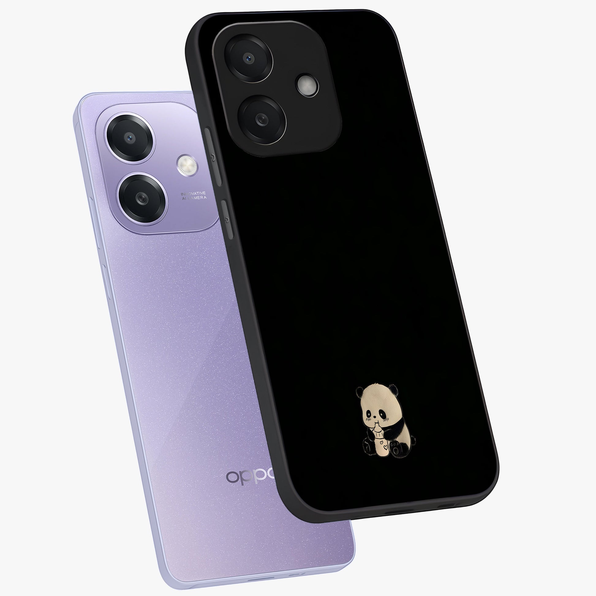 Midnight Panda Love Glass Case displayed in angled mockup highlighting adorable panda illustration with midnight aesthetic.