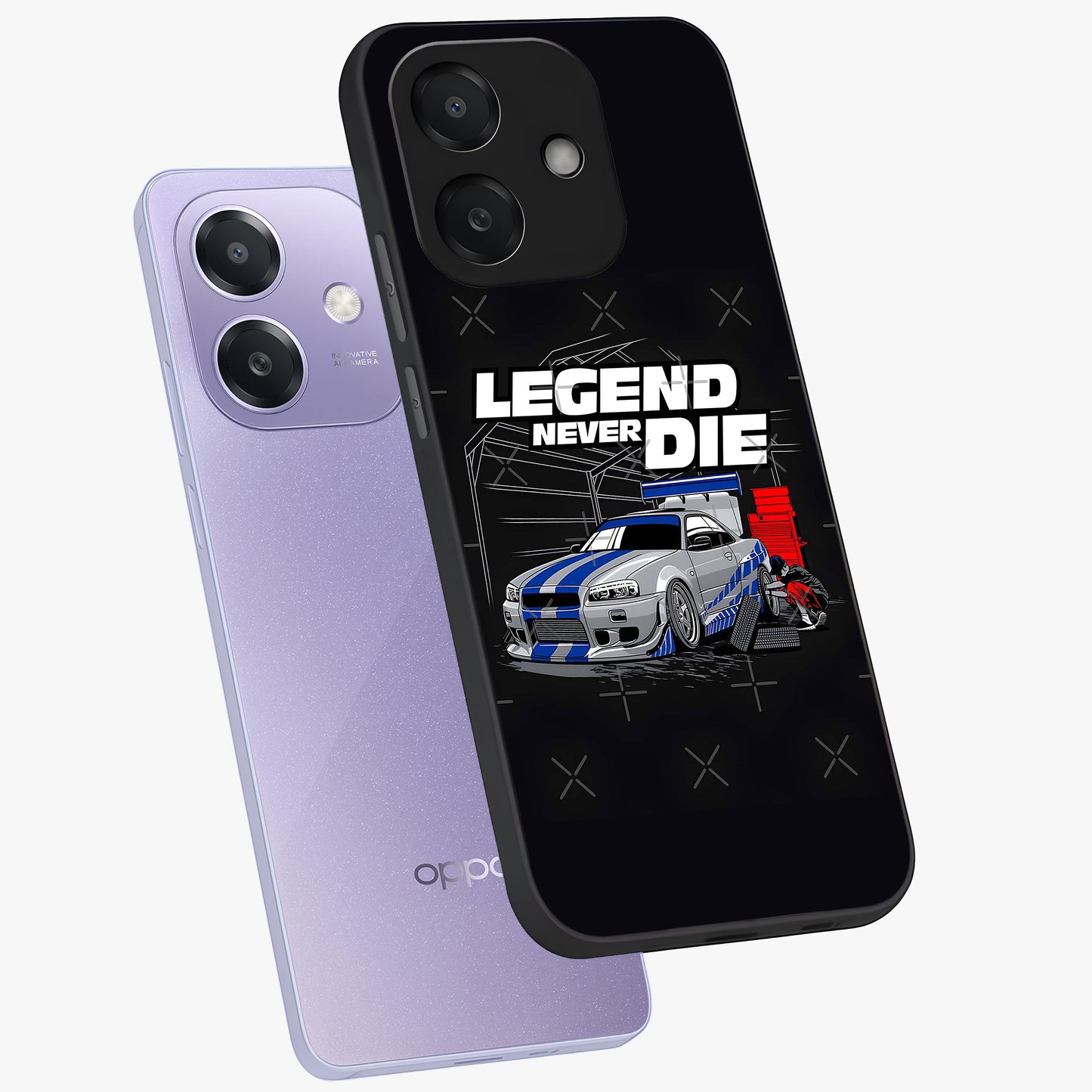 Midnight Racing Legacy Glass Case displayed in angled mockup highlighting dynamic automotive design with bold midnight aesthetic.