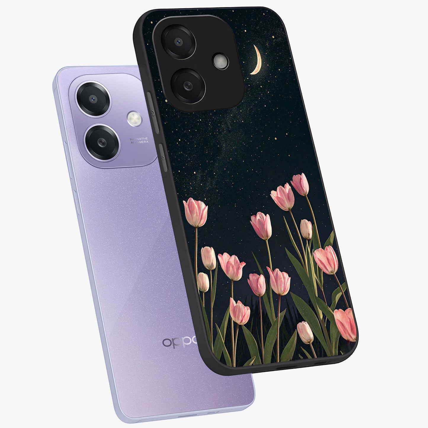 Midnight Tulip Whispers Vibe Glass Case displayed in angled mockup highlighting delicate tulip design with midnight floral aesthetic.