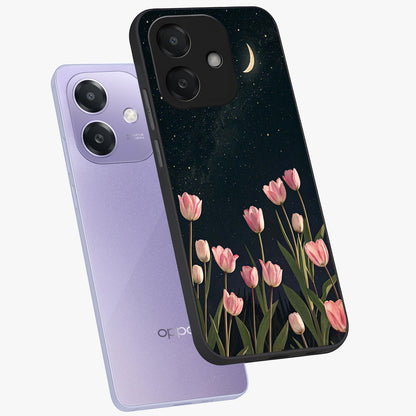 Midnight Tulip Whispers Vibe Glass Case displayed in angled mockup highlighting delicate tulip design with midnight floral aesthetic.