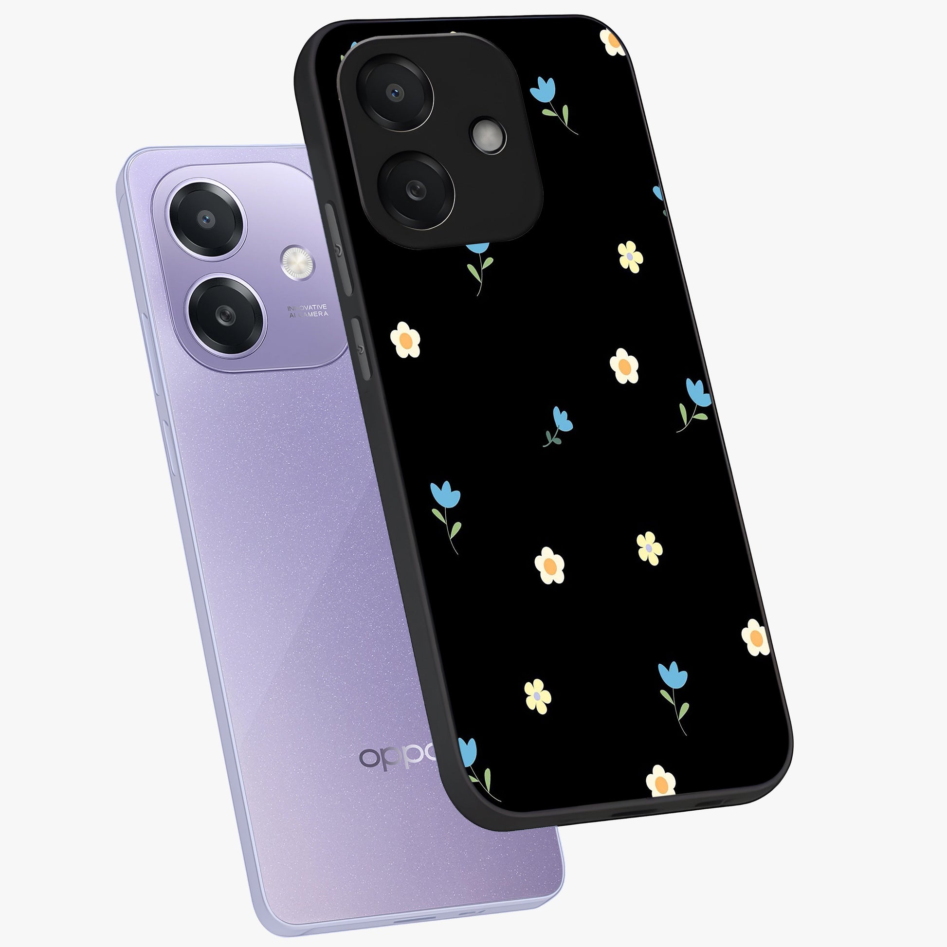 Minimal Petal Whispers Glass Case displayed in angled mockup highlighting delicate petal design with clean minimal aesthetic.