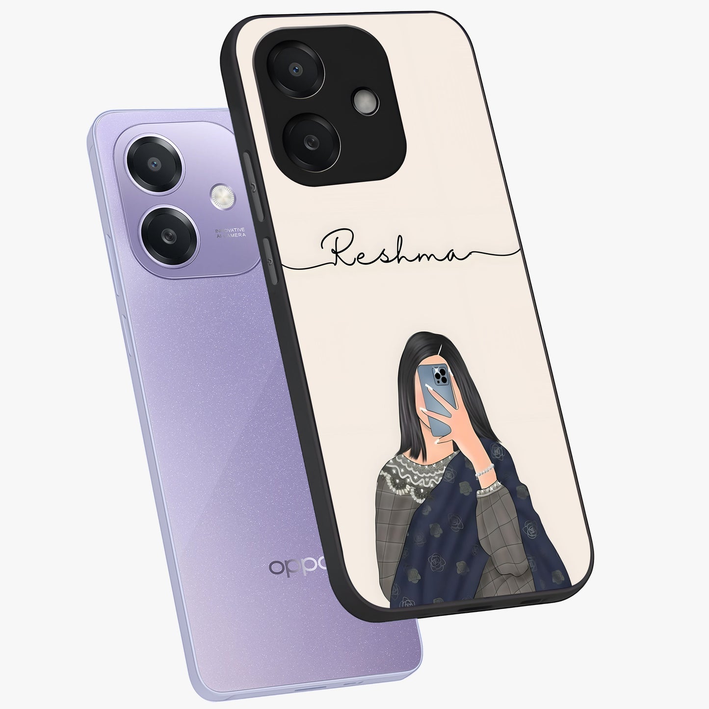 Mirror Mood Muse With Custom Name Glass Case displayed in angled mockup highlighting aesthetic mirror inspired design with custom name feature.