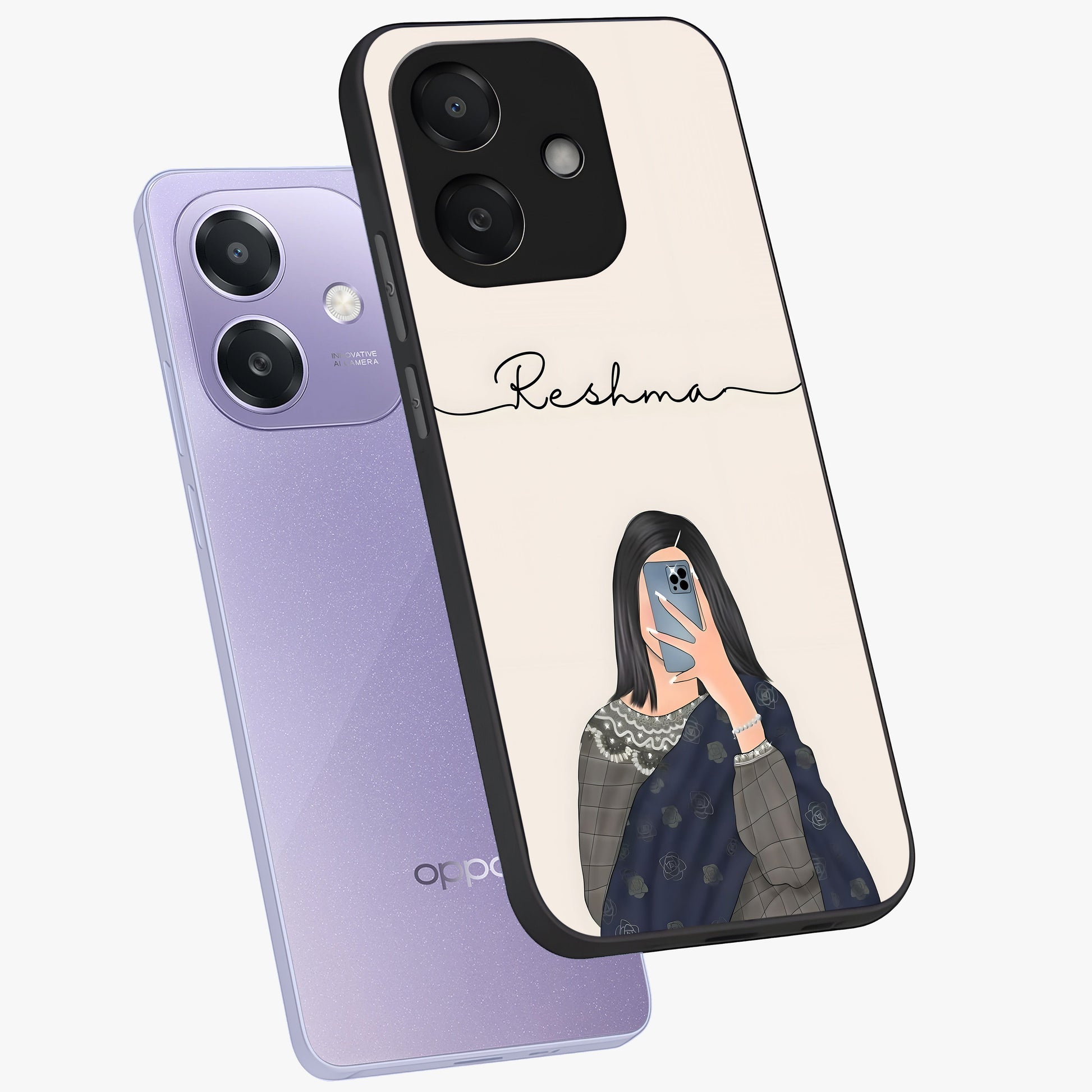 Mirror Mood Muse With Custom Name Glass Case displayed in angled mockup highlighting aesthetic mirror inspired design with custom name feature.