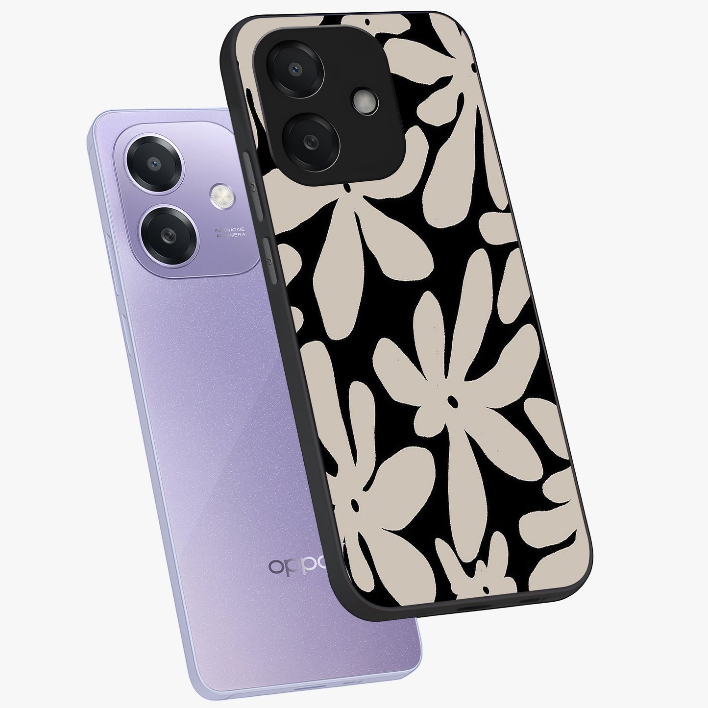 Monochrome Petal Dance Glass Case displayed in angled mockup highlighting elegant petal design with black and white aesthetic.