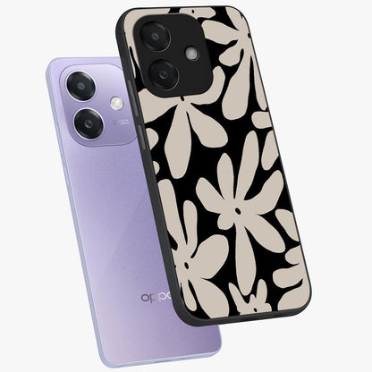 Monochrome Petal Dance Glass Case displayed in angled mockup highlighting elegant petal design with black and white aesthetic.