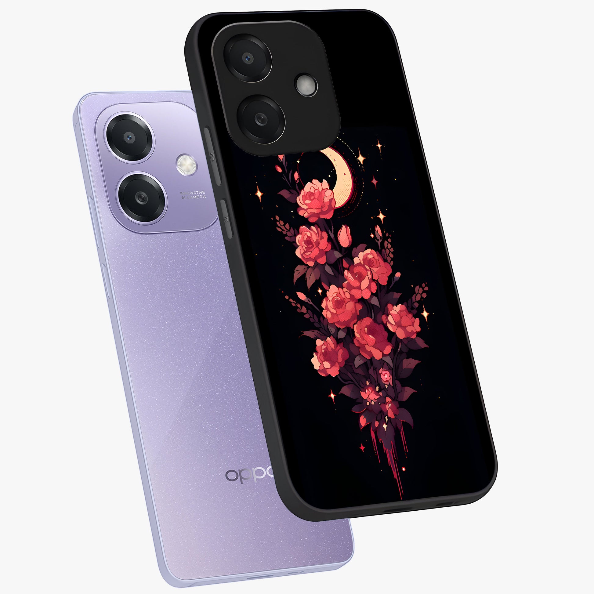 Moonlit Floral Elegance Glass Case displayed in angled mockup highlighting graceful flower design with soft moonlight aesthetic.