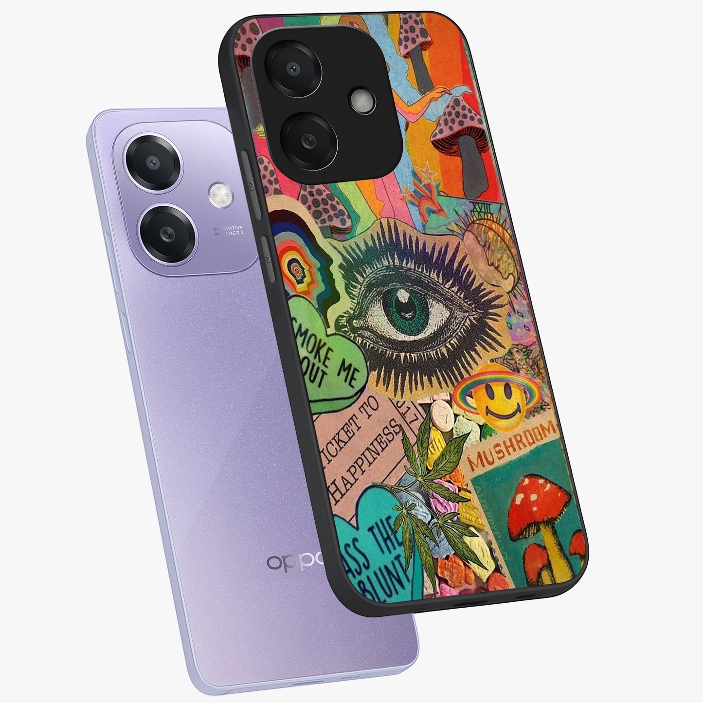 Mystic Eye Wonderland Glass Case displayed in angled mockup highlighting magical eye illustration with dreamy aesthetic.