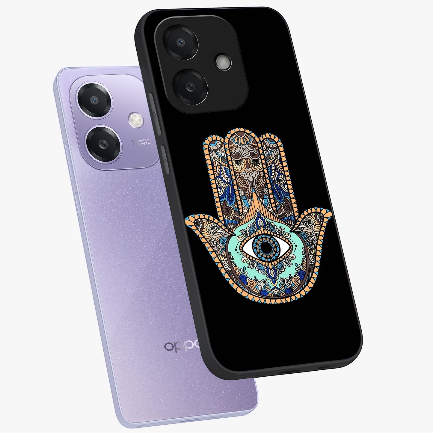 Mystic Hamsa Eye Glass Case displayed in angled mockup highlighting spiritual hamsa symbol with mystical aesthetic style.