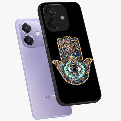 Mystic Hamsa Eye Glass Case displayed in angled mockup highlighting spiritual hamsa symbol with mystical aesthetic style.