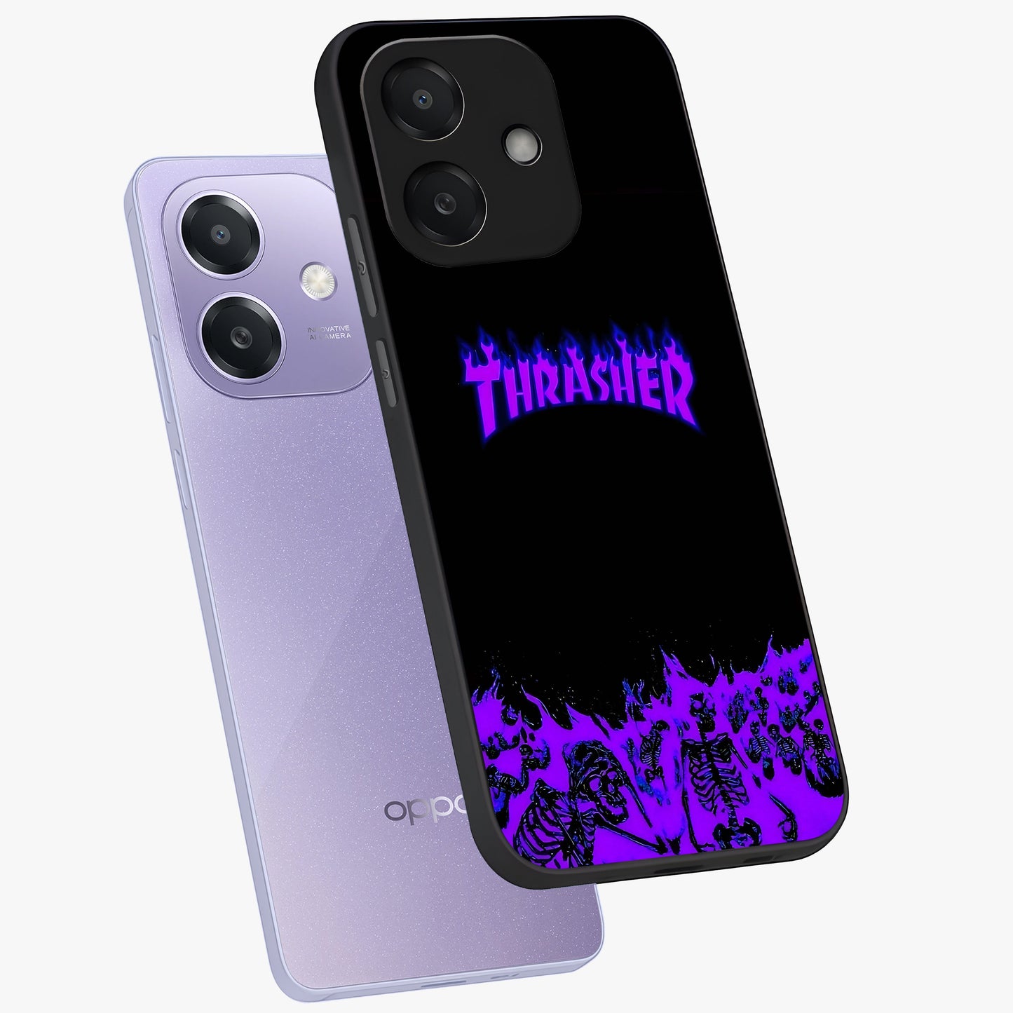 Neon Flame Riot Glass Case displayed in angled mockup highlighting glowing flame design with vibrant neon aesthetic.