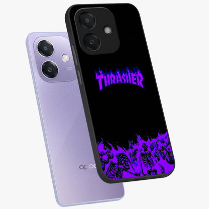 Neon Flame Riot Glass Case displayed in angled mockup highlighting glowing flame design with vibrant neon aesthetic.