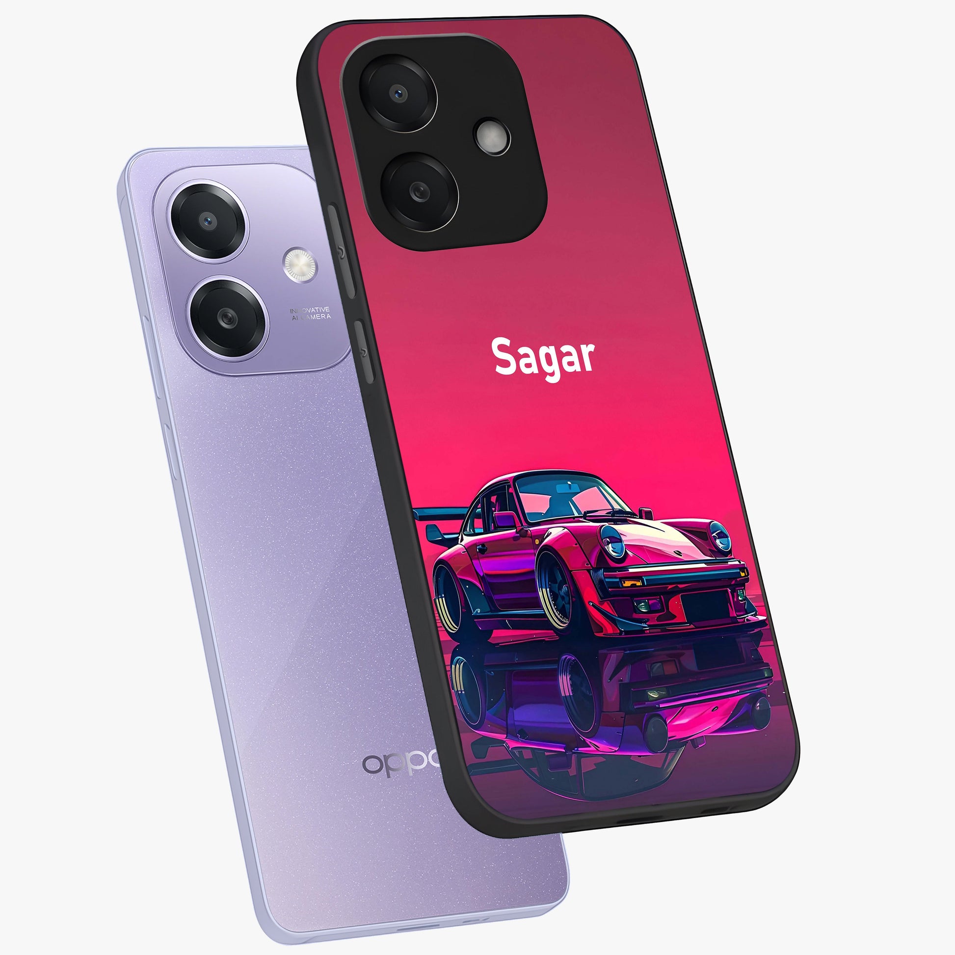 Neon Pink Porsche Glass Case displayed in angled mockup highlighting sleek neon pink car design with racing aesthetic.