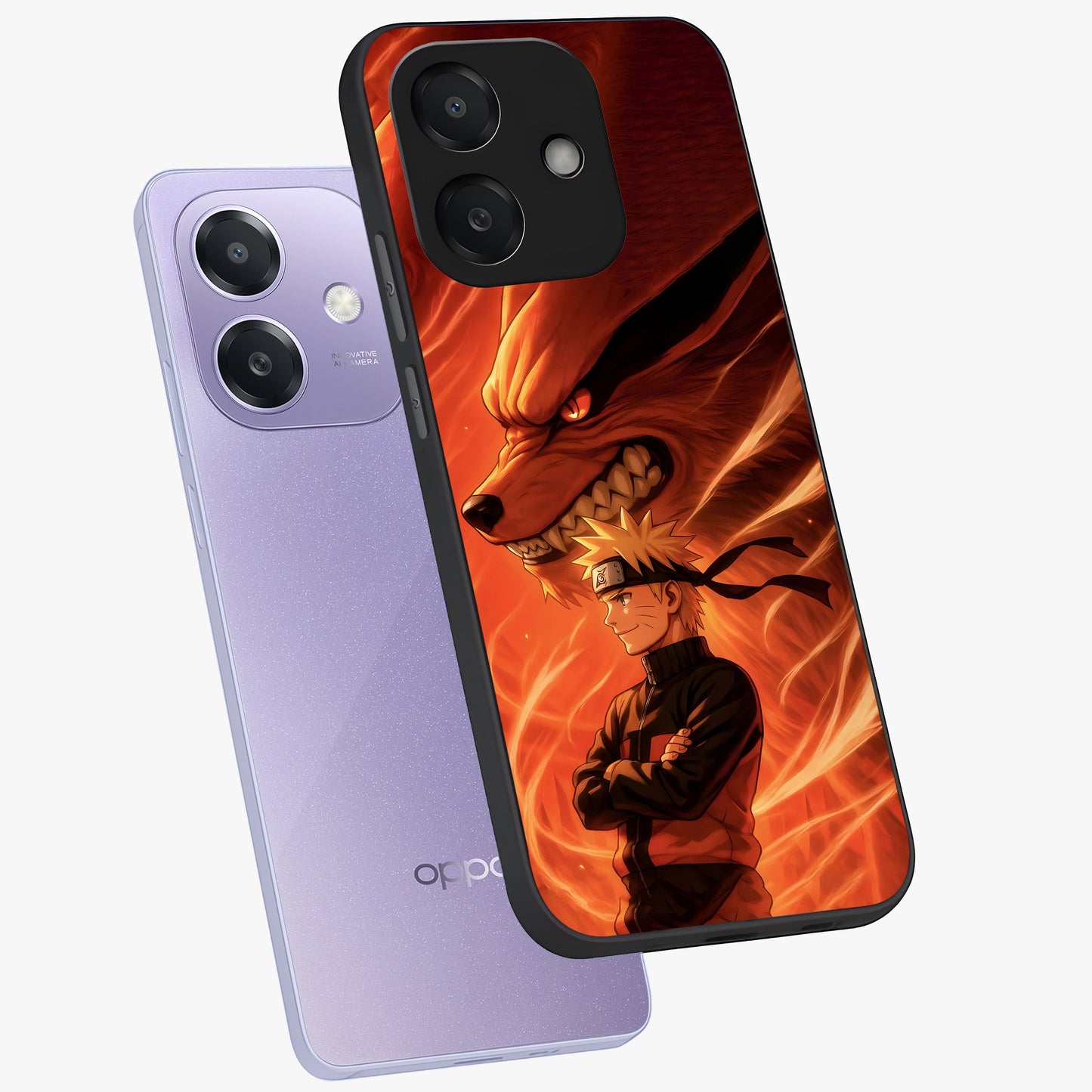 Nine Tails Legacy Glass Case displayed in angled mockup highlighting dynamic anime beast illustration with bold mystical aesthetic.